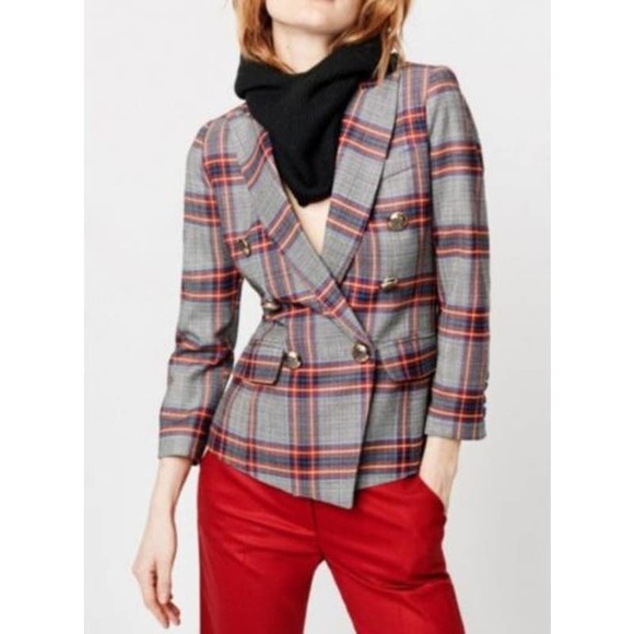 Smythe Jackets & Blazers - Smythe Double Breasted Plaid Blazer, Gray & Red, Gold Buttons Sz 6